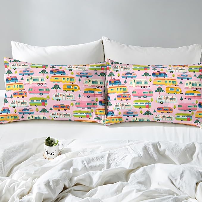Happy Camping Kids Fitted Sheet Twin Size,Colorful Cartoon Camper Truck RV Trailer Bedding Set,Girls Women Room Decor,Outdoor Adventure Trip Bed Cover,Pink Bed Sheet,1 Pillowcase(No Top Sheet)