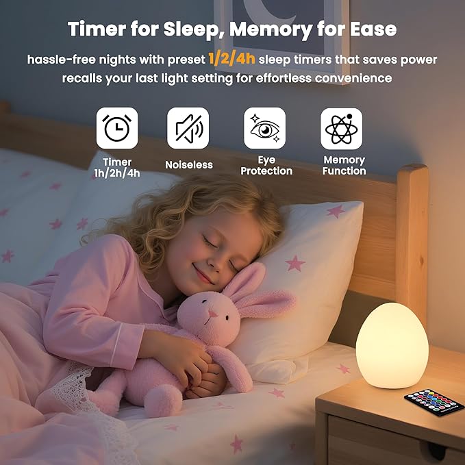 Baby Night Light: 16 Colors Changing Silicone Egg Light for Nursery, Rechargeable Touch Nightlight for Kids with Timer & Mermory, Dimmable Portable Nursery Night Light for Breastfeeding
