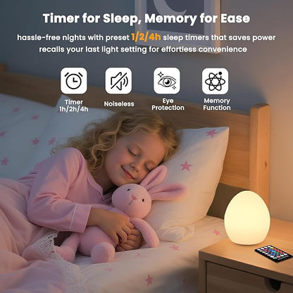 Baby Night Light: 16 Colors Changing Silicone Egg Light for Nursery, Rechargeable Touch Nightlight for Kids with Timer & Mermory, Dimmable Portable Nursery Night Light for Breastfeeding