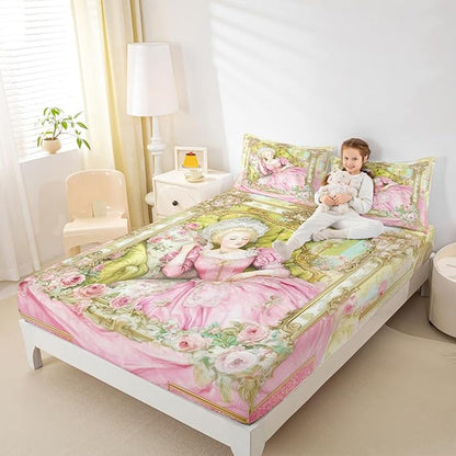 Princess Kids Twin Size Fitted Sheet,Roses Floral Castle Fantasy Boys Girls Bed Sheets,Vintage Romantic Fashion Room Decor,Pink Yellow Bedding Set,1 Pillowcase(No Flat)