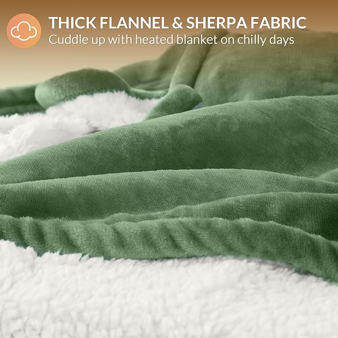 HOMLYNS LuxeHeat Heated Blanket Electric Blanket Twin Size, Soft Flannel Sherpa Heating Blanket with 10 Heat Settings, 1-10 hrs Timer Auto Shut Off (62x84 inches, Green)