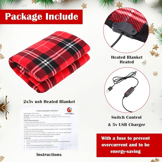 Tuanse 2 Pcs USB Heated Blanket 25"x35" Small Portable 5v 3 Setting Electric Blanket with Timer and Temperature Controller Winter Wearable Recharge Throw for Travel Home(Rose Red Plaid)