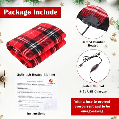 Tuanse 2 Pcs USB Heated Blanket 25"x35" Small Portable 5v 3 Setting Electric Blanket with Timer and Temperature Controller Winter Wearable Recharge Throw for Travel Home(Rose Red Plaid)