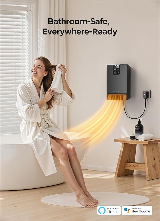 GiveBest Smart Wall Heater, 1500W Fast Heating Electric Space Heater for Indoor Use, 3 Heating Modes, Adjustable Thermostat, 24H Timer, Easy Mounted for Bedroom, Office, Home, Black