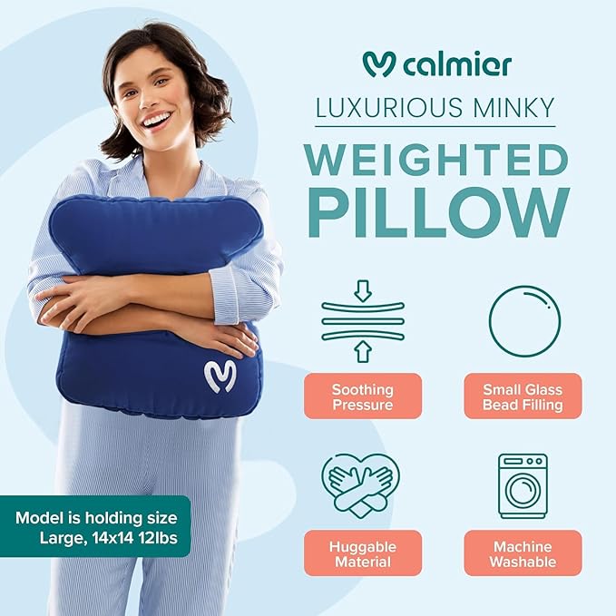 Calmier - 12 lb Sensory Weighted Pillow - Glass Bead Filled Hug Pillow - Ultra Plush Cozy Weight Sensory Pillows for Adults and Kids - Weighted Lap Pad (Blue- Minky, 12 LBS)