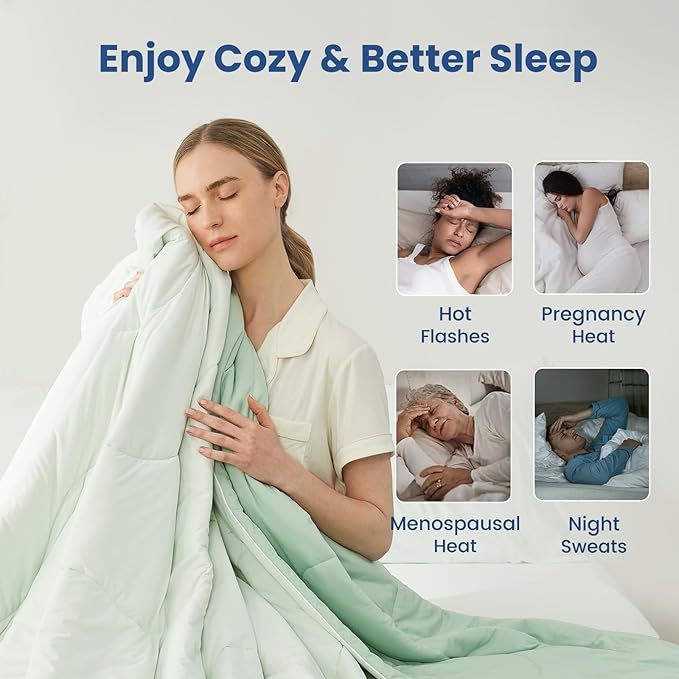 Cozy Bliss x Sorona® Viscose Natural Fiber Cooling Comforter Queen Size, Reversible Silky Smooth Cooling Blanket with Q-Max＞0.45 for Hot Sleepers & Night Sweats, Mint Green, 90"x90"