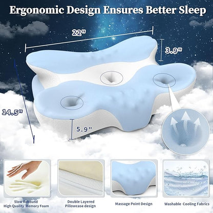 Memory Foam Cervical Pillow for Neck Pain Relief - Ergonomic Contour Pillow for Side, Back & Stomach Sleepers, Orthopedic Neck Support with Cooling Pillowcase