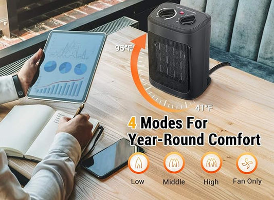 Space Heater, 1500W Electric Heaters Indoor Portable with Thermostat, PTC Fast Heating Ceramic Room Small Heater with Heating and Fan Modes for Bedroom, Office and Indoor Use，12IN