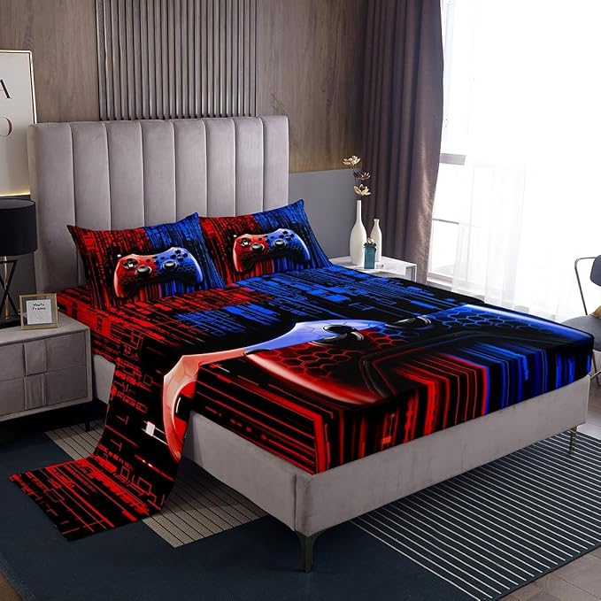 Gaming Gamepad Kids Sheet Full Size,3D Videogames Controller Bedding Set,Boys Girls Room Decor,Modern Geometric Honeycomb Hexagon Fashion Red Blue Bed Sheet Set 4pcs(Fitted + Flat + 2 Pillowcases)