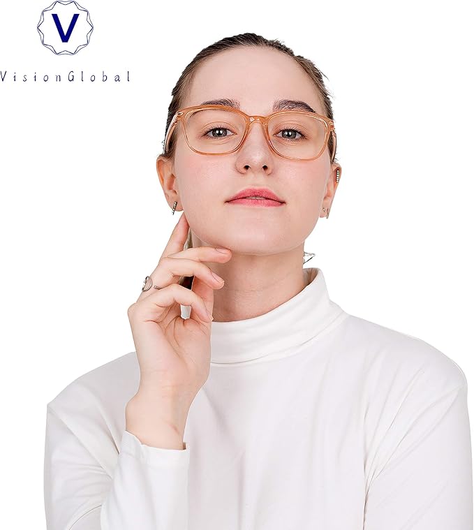 VisionGlobal Blue Light Blocking Glasses for Women/Men, Anti Eyestrain, Computer Reading, TV Glasses, Stylish Square Frame, Anti Glare