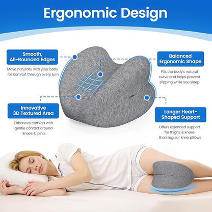 Knee Pillow for Side Sleepers, High-Density Memory Foam Leg Pillow for Side Sleeping, Heart-Shaped Design for Knees, Hips & Spinal Alignment, Grey