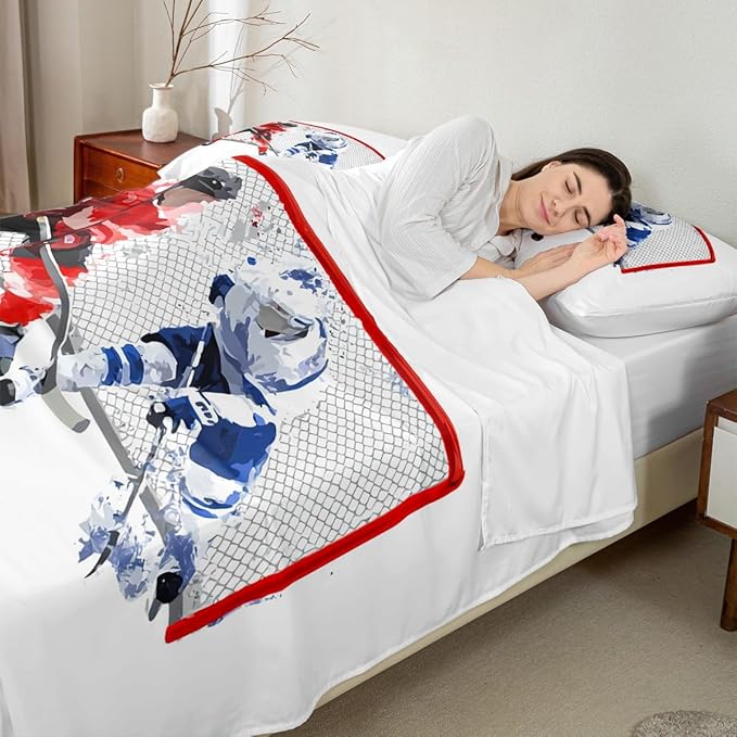 Hockey Sheet Queen,Ice Hockey Sports Bedding Set for Kids Teens Room Decor,Abstract Hockey Player Sports Theme Red White Blue Bed Sheet 4pcs with Deep Pocket Fitted Sheet + Flat Sheet + 2 Pillowcases