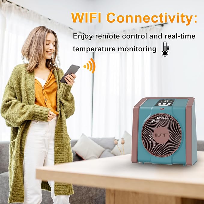 HEATIT Space Heater with Remote for Indoor, Digital Display with Thermostat，1-12H Timer,1500W/750W, Electric Space Heater for Office, Bedroom,Cyan,10.6"Dx7.0"W x 11.8"H