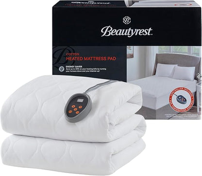 Beautyrest Cotton Heated Mattress Pad - Bed Warmer with 20 Heat Settings Controller, Auto Shut Off Timer, All Around Elastic Deep Pocket, UL Certified, Machine Washable, White Twin XL