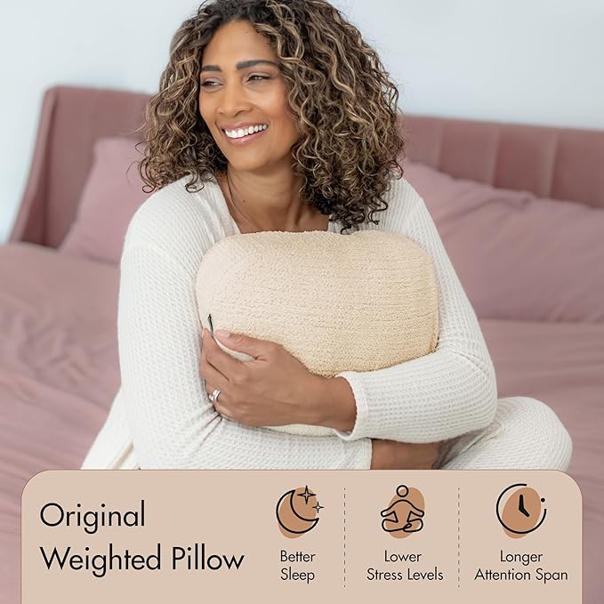 Quiet Mind Weighted Pillow for Adults 12 Lbs - Get Better Sleep - Sustainably Made and Chemical Free - Machine Washable (Large, Cashew)