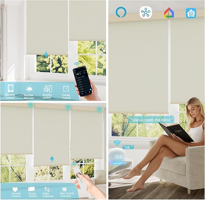 Motorized Blinds with Remote, Smart Blind Roller Shades Compatible with Alexa, Durable Rechargeable Battery Solar Power Electric Window Blinds Motorized Shades Customized Size (Pure Beige)