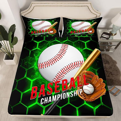 Manfei Baseball Sheet Set King Size, Sports Theme Bed Sheet Set 4pcs with Deep Pocket Fitted Sheet + Flat Sheet + 2 Pillowcases, Green Honeycomb Geometric Bedding Set for Kids Boys Adults Room Decor