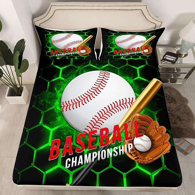 Manfei Baseball Sheet Set Queen Size, Sports Theme Bed Sheet Set 4pcs with Deep Pocket Fitted Sheet + Flat Sheet + 2 Pillowcases, Green Honeycomb Geometric Bedding Set for Kids Boys Adults Room Decor