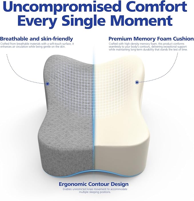 Knee Pillow for Side Sleepers, Memory Foam Leg Pillow for Sleeping Blood Circulation & Elevating Spine Aligning, Relief for Sciatica, Back, HIPS, Knees, Joints, Support for Surgery Recovery