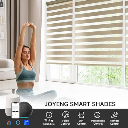Motorized Zebra Blinds, Cordless Blackout Window Shades with Remote, Custom Dual Layer Smart Roller Shades Compatible with Alexa Google Assistant, Automatic Light Filtering Blinds,Coffee