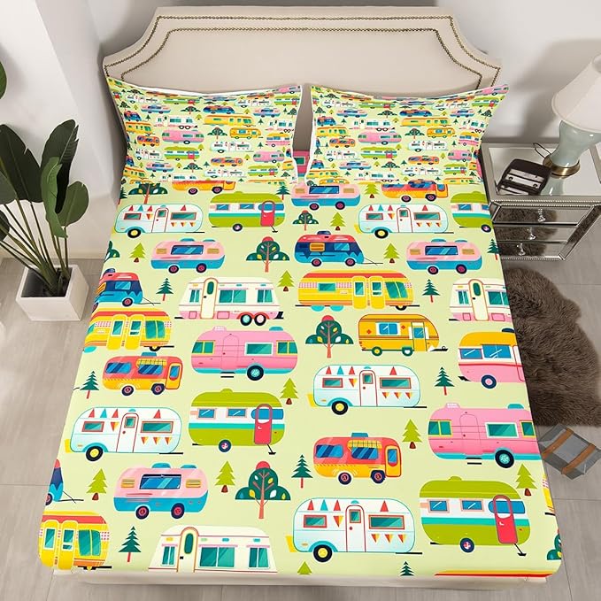 Cartoon Camping Truck Kids Fitted Sheet Full Size,Camper RV Trailer Adventure Bedding Set,Boys Girls Room Decor,Jungle Pine Trees Rustic Nature Bed Cover,Green Bed Sheet,2 Pillowcases(No Top Sheet)