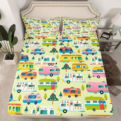 Cartoon Camping Truck Kids Fitted Sheet Full Size,Camper RV Trailer Adventure Bedding Set,Boys Girls Room Decor,Jungle Pine Trees Rustic Nature Bed Cover,Green Bed Sheet,2 Pillowcases(No Top Sheet)
