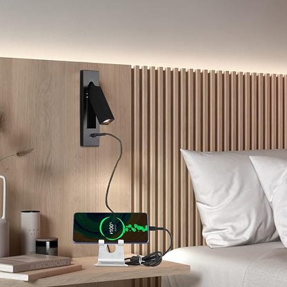 Wall Mounted Reading Light with USB, LED Bedside Reading Light with Switch, Adjustable Recessed Headboard Reading Lights Wall Sconce for Reading, Hardwired Reading Spotlight for Bedroom (Black)