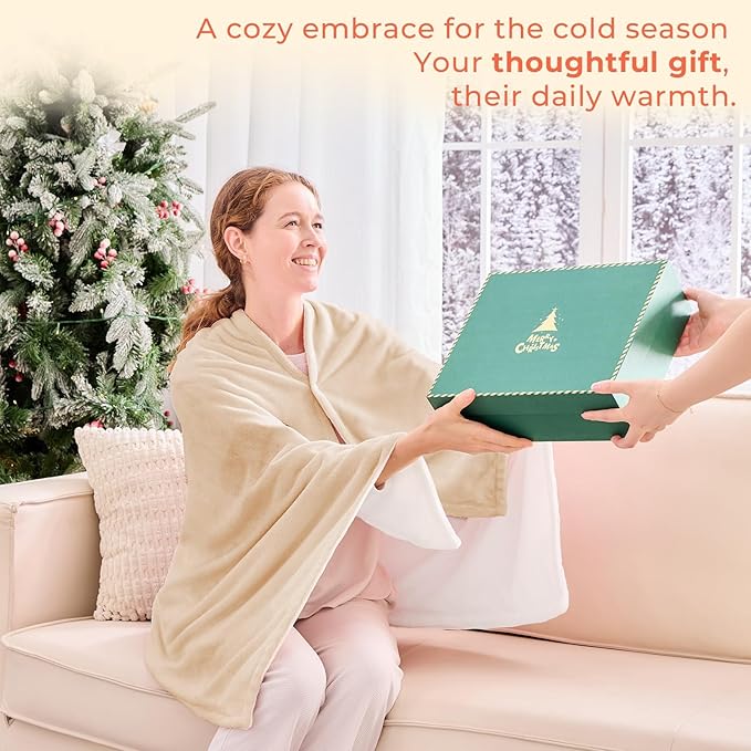 JOLLYVOGUE USB Heated Blanket Throw, Wearable & Portable Heating Electric Blanket for Adults, 3 Levels & 8 Heating Zone Shawl for Indoor & Outdoor, Beige (Battery Not Included)