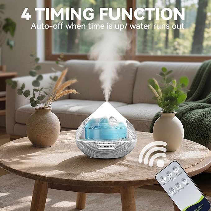 500ML Essential Oil Diffuser, Large Aromatherapy Diffuser with Remote Control, Air Diffusers for Home Office Room, Fragrance Humidifier with 7 Color LED & 2 Mist Mode, Glacier White