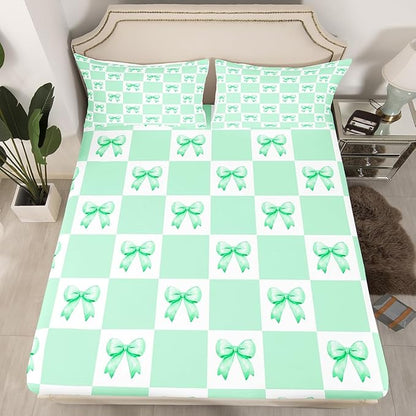 Green Bowknot Fitted Sheet Twin Size,Geometric Green White Plaids Grids Patchwork Bed Sheet with 1 Pillowcase,Princess Bow-tie Dreamy Girly Bow Soft Decorative Fabric Bedding,Room Gift
