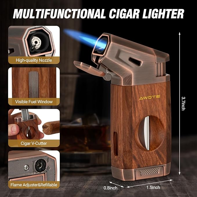 Travel Cigar Humidor Case - Cedar Lined, V Cut Cutter, Portable Humidor with Humidifier & Hygrometer, Holds 7-9 Cigars, Includes Lighter - Gift Set