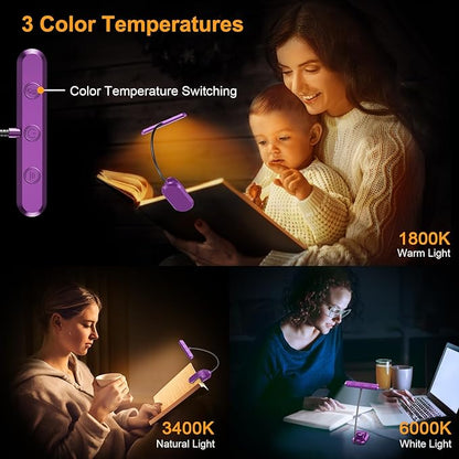 Gritin Rechargeable Book Light for Reading in Bed with 19 LED &Memory Function-Eye Caring 3 Color Temperatures,5 Brightness Levels,90 Hrs Runtime Flexible Goose Neck Clip on Light-Dark Purple