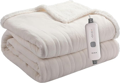 Electric Heated Blanket 72"x84" Full Size Flannel & Sherpa - 4 Heat Settings & 10H Auto Shut Off for Safe Overnight Use, Fast Heating, Machine Washable for Bed, Couch, Office - White