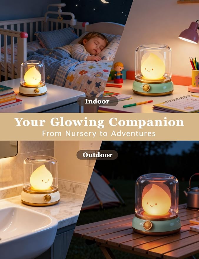 Cute Smiley Lamp, Portable LED Night Light for Bedroom, Camping | Rechargeable, Dimmable, Candle Flame Light, Desk Decor & Gifts