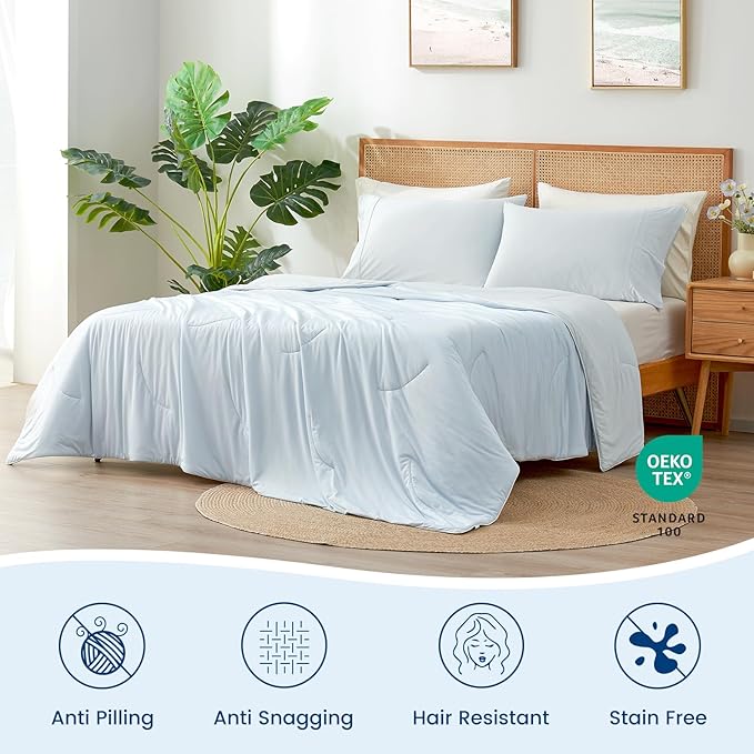 Cozy Bliss Deluxe Dual-Sided Cooling Comforter Queen Size, Ultra-Soft Lightweight Breathable Silky Cooling Blankets with Q-Max>0.45 for Bedroom, Hot Sleepers & Night Sweats, Cool Blue, 90"x90"