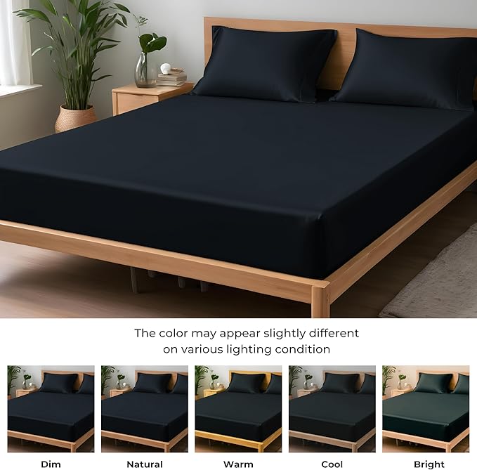 LINENWALAS Fitted Sheet Only Viscose Derived from Bamboo, Bottom Sheet for Full Size Bed – 16” Deep Pocket, All Around Snug Fit – Cooling, Breathable, Soft, Black Halloween Bed Sheet (Jet Black)