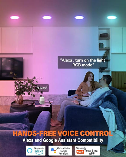 12Pack Smart LED RGB Recessed Lighting 4Inch,Color Changing Canless Downlight,2700K-6500K, 2.4GHz Wi-Fi & Bluetooth,9W 850lm,Works with Tuya App,Alexa & Google Assistant,Gateway Included