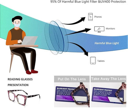 KoKoBin 3 Pack Stylish Square Frame Oprah Style Reading Glasses for Women, Blue Light Blocking Comfortable Readers