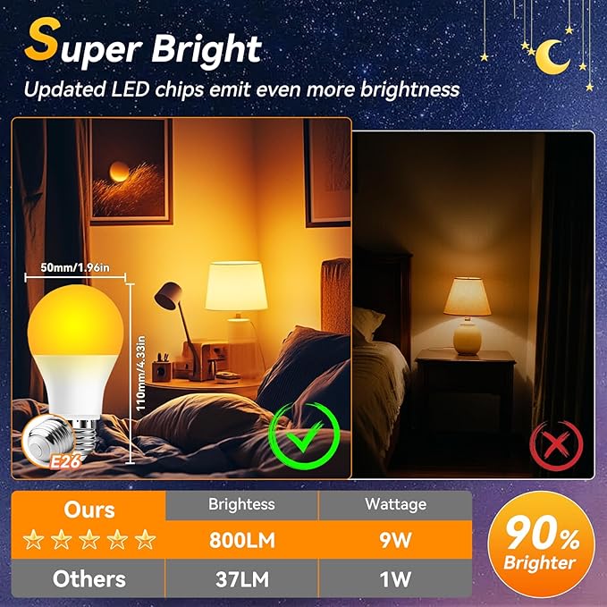 Neporal Amber Sleep Light Bulbs 1800K 3PK, 9W 60 Watt Equivalent, 99.96% Blue Blocking Soft Warm Light Bulbs A19, Amber Night Light E26 for Bedroom and Baby Nursery Light