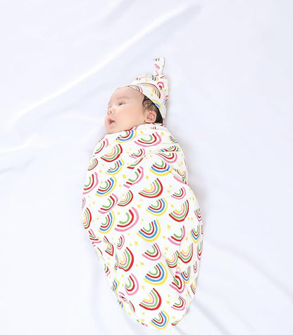 Newborn Swaddle Blanket with Hat Set,Unisex Baby Receiving Blanket Nursery Wrap for Girls and Boys, Viscose Made from Bamboo Rainbow One Size