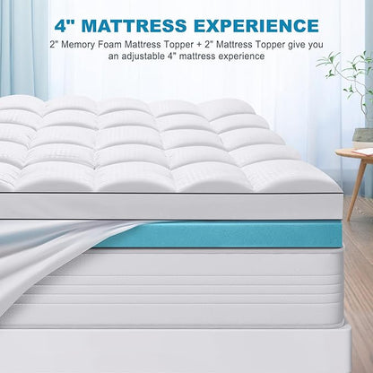 MASVIS King Size Dual Layer 4 Inch Memory Foam Mattress Topper, 2 Inch Gel Memory Foam and 2 Inch Cooling Pillow Top Mattress Pad Cover for Back Pain, Medium Support