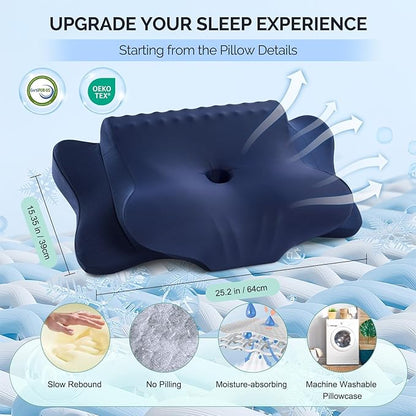 Cervical Pillow for Neck Pain Relief - Cooling Ergonomic Dual-Sided Orthopedic Neck Pillow with Ice Silk Pillowcase, Breathable Memory Foam Contour Pillow for Side, Back, Stomach Sleepers,All Black