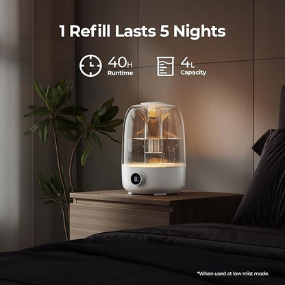 Homvana Humidifiers for Bedroom Diffusers - Top Fill 4L Cool Mist Humidifier Large Room, 40H Runtime Diffusers for Home, Air Humidifier for Plants, Baby Nursery, Easy to Clean, Essential Oil Diffusers