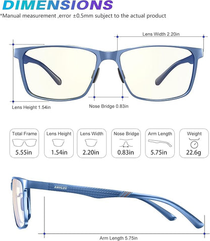 ANYLUV Blue Light Glasses Men, Relieve Eyestrain and Eye Protection, Al-Mg Metal Computer Blue Light Blocking Glasses