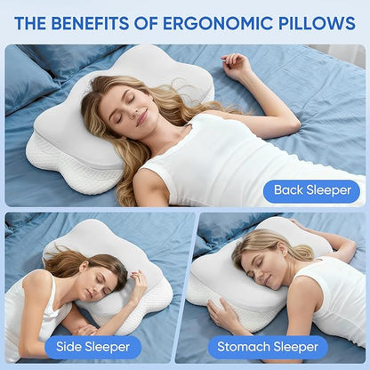 Cervical Pillow for Neck Pain Relief, Adjustable Ergonomic Contour with Orthopedic Memory Foam, Full Support for All Sleeping Positions (Side Back Stomach), Odorless (Gray-White)