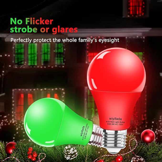 2 Pack A19 LED Red Green Light Bulbs,9W Christmas Light Bulbs Replace to 100W, 120V E26 Dimmable Colored Light Bulb for Halloween， Home Lighting, Party Decoration, Holiday Lighting