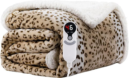 Electric Heated Blanket Throw Size 50"x60" - Microplush & Sherpa Fabric Dual-Sided, 9 Heat Settings & 3 Hours Auto Off, Cozy Warming Throw for Office or Bed, Machine Washable, Beige Leopard Print