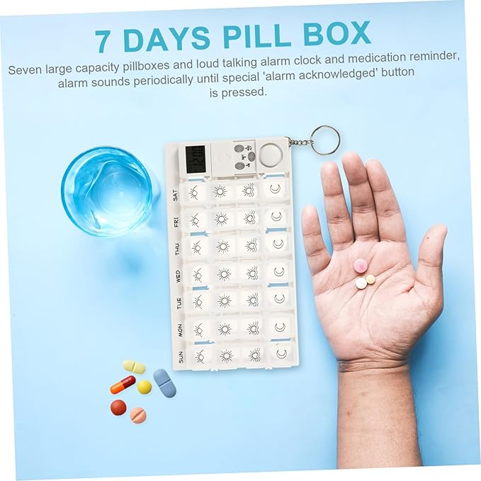7 Mini Pill Box Travel Alarm Clock Mini Alarm Clock Lock Box for Medication Containers 7 Days Pill Box White Storage Box Dispenser Electronic Medicine Chest Travel Medication