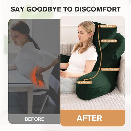 Portable Reading Pillows with Headrest for Bed Sitting Up(Dark Green Oeko-Tex), Velvet Back Pillow with Arms & Pockets for Adults, Support Memory Foam Bed Pillow for Dorm/Watching/Gaming