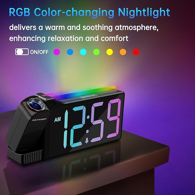 Peakeep Projection Alarm Clock for Bedroom Ceiling, Loud for Heavy Sleepers, RGB Nightlight Multi-Color Large Display 5 Brightness Dimmer, Plug in Bedside Electric LED Digital Clock with USB Port